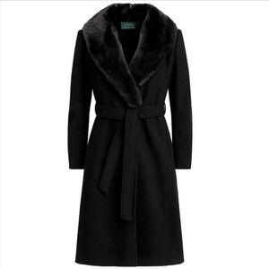 Lauren Ralph Lauren Black Faux Fur Shawl Collar Wool Blend Long Coat Size 4